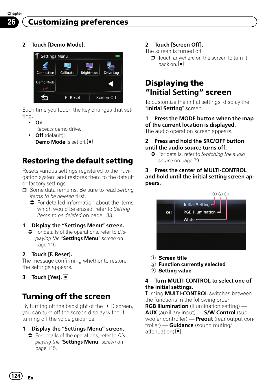 Restoring the default setting, Turning off the screen, Displaying the | Initial setting” screen 124, Displaying the “initial setting” screen, 26 customizing preferences | Pioneer 2010 NAVIGATION UPGRADE SD-CARD CNSD-130FM User Manual | Page 124 / 144