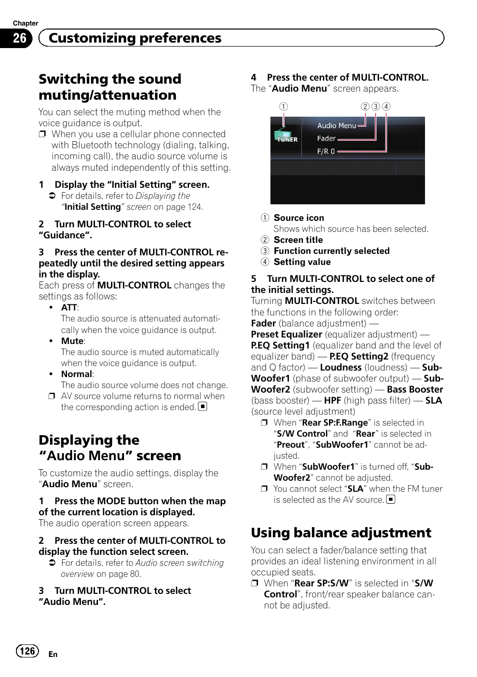 Switching the sound muting, Attenuation, Displaying the | Audio menu” screen 126, Using balance adjustment, Switching the sound muting/attenuation, Displaying the “audio menu” screen, 26 customizing preferences | Pioneer 2010 NAVIGATION UPGRADE SD-CARD CNSD-130FM User Manual | Page 126 / 144