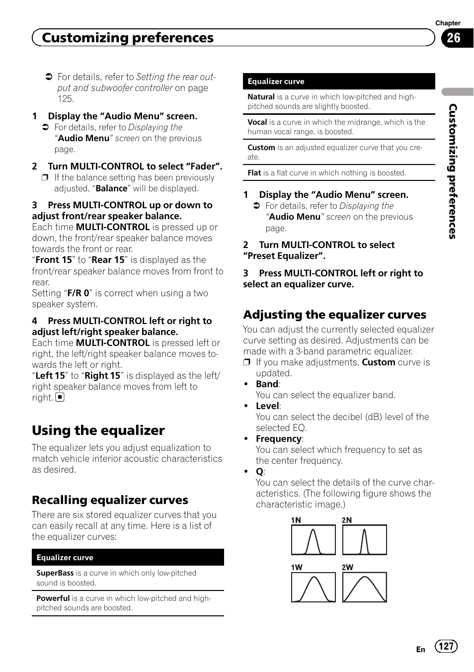 Using the equalizer, Recalling equalizer curves 127, Adjusting the equalizer curves 127 | Customizing preferences, Recalling equalizer curves, Adjusting the equalizer curves | Pioneer 2010 NAVIGATION UPGRADE SD-CARD CNSD-130FM User Manual | Page 127 / 144