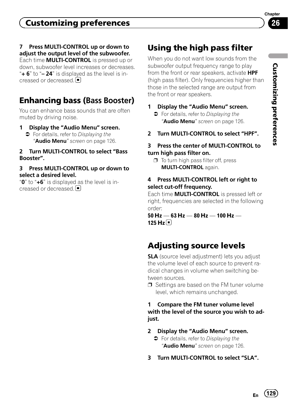 Enhancing bass (bass booster), Using the high pass filter, Adjusting source levels | Customizing preferences | Pioneer 2010 NAVIGATION UPGRADE SD-CARD CNSD-130FM User Manual | Page 129 / 144