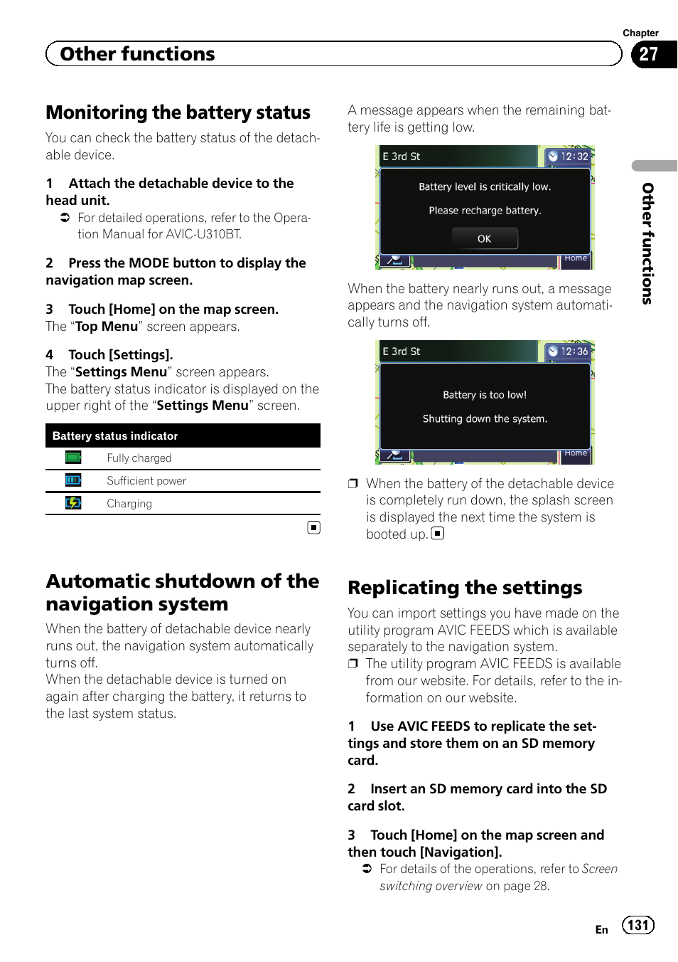 Other functions monitoring the battery status, Automatic shutdown of the navigation, System | Replicating the settings, Monitoring the battery status, Automatic shutdown of the navigation system, Other functions | Pioneer 2010 NAVIGATION UPGRADE SD-CARD CNSD-130FM User Manual | Page 131 / 144