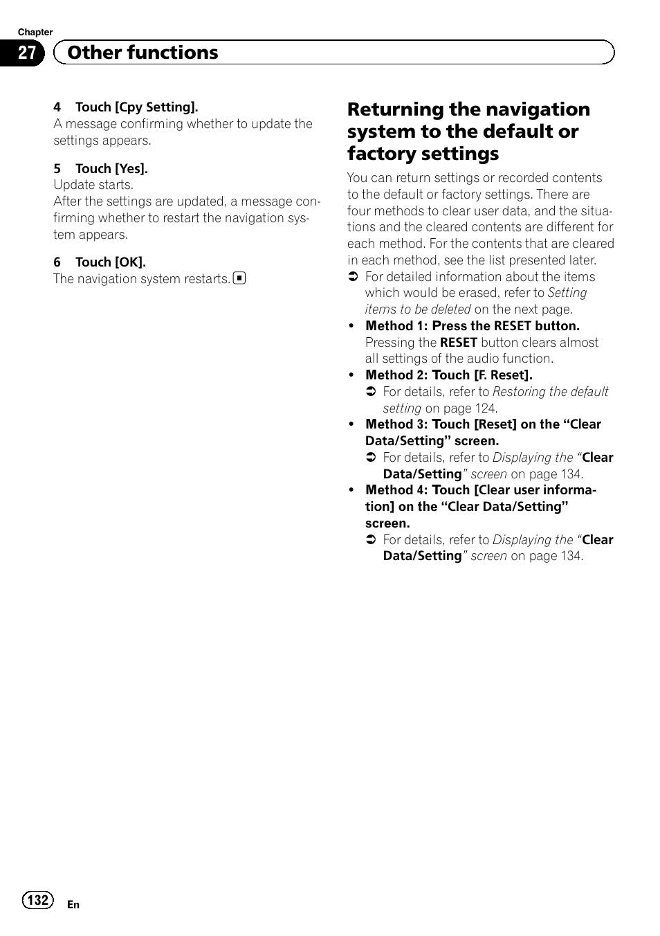 Returning the navigation system to the, Default or factory settings, 27 other functions | Pioneer 2010 NAVIGATION UPGRADE SD-CARD CNSD-130FM User Manual | Page 132 / 144
