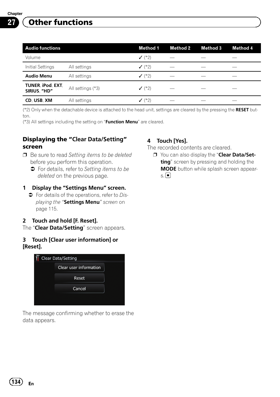 Displaying the “clear, Data/setting, 27 other functions | Pioneer 2010 NAVIGATION UPGRADE SD-CARD CNSD-130FM User Manual | Page 134 / 144