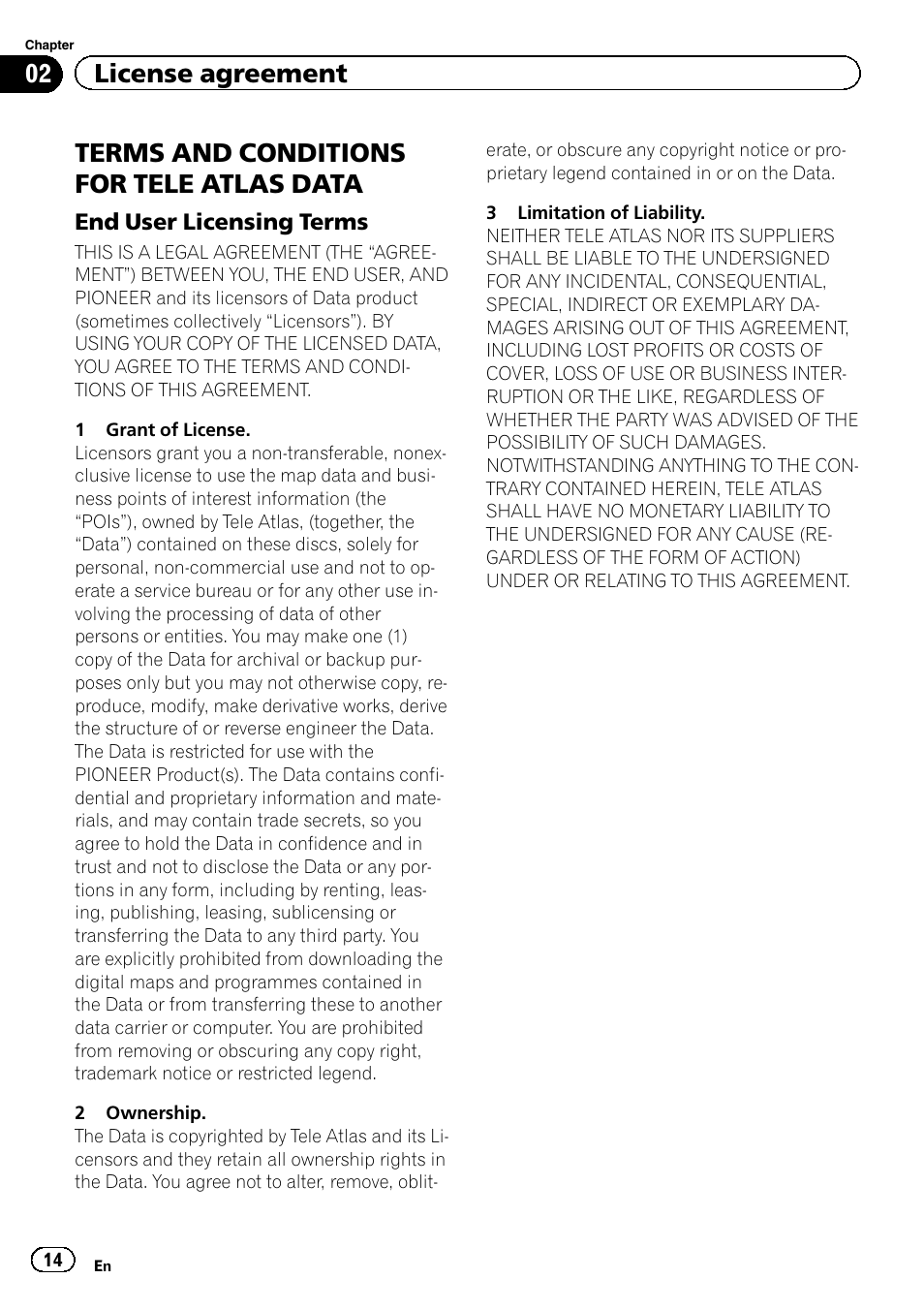 Terms and conditions for tele atlas, Data, End user licensing terms 14 | Terms and conditions for tele atlas data, 02 license agreement | Pioneer 2010 NAVIGATION UPGRADE SD-CARD CNSD-130FM User Manual | Page 14 / 144