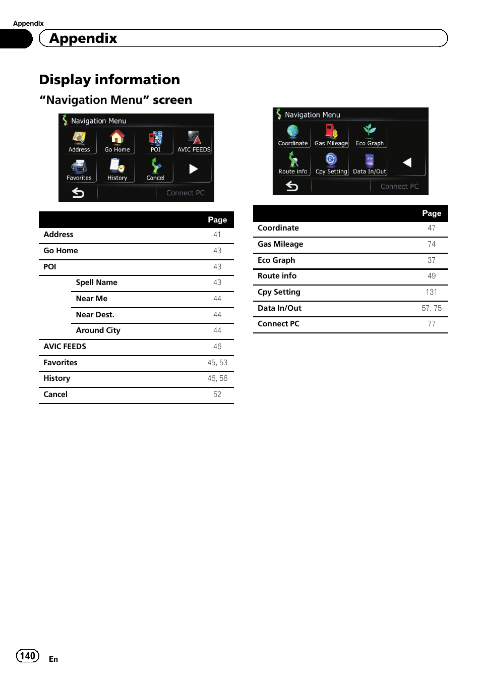 Display information, Navigation menu” screen 140, Appendix | Navigation menu” screen | Pioneer 2010 NAVIGATION UPGRADE SD-CARD CNSD-130FM User Manual | Page 140 / 144