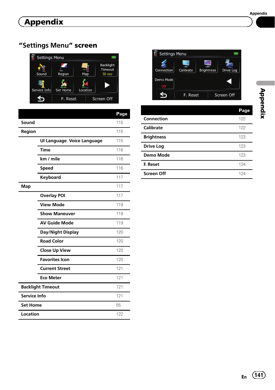 Settings menu” screen 141, Settings menu” screen, Appendix | Pioneer 2010 NAVIGATION UPGRADE SD-CARD CNSD-130FM User Manual | Page 141 / 144