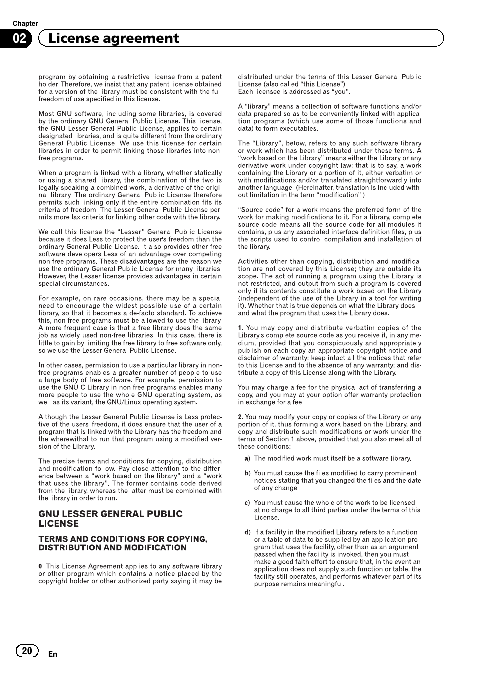 02 license agreement | Pioneer 2010 NAVIGATION UPGRADE SD-CARD CNSD-130FM User Manual | Page 20 / 144