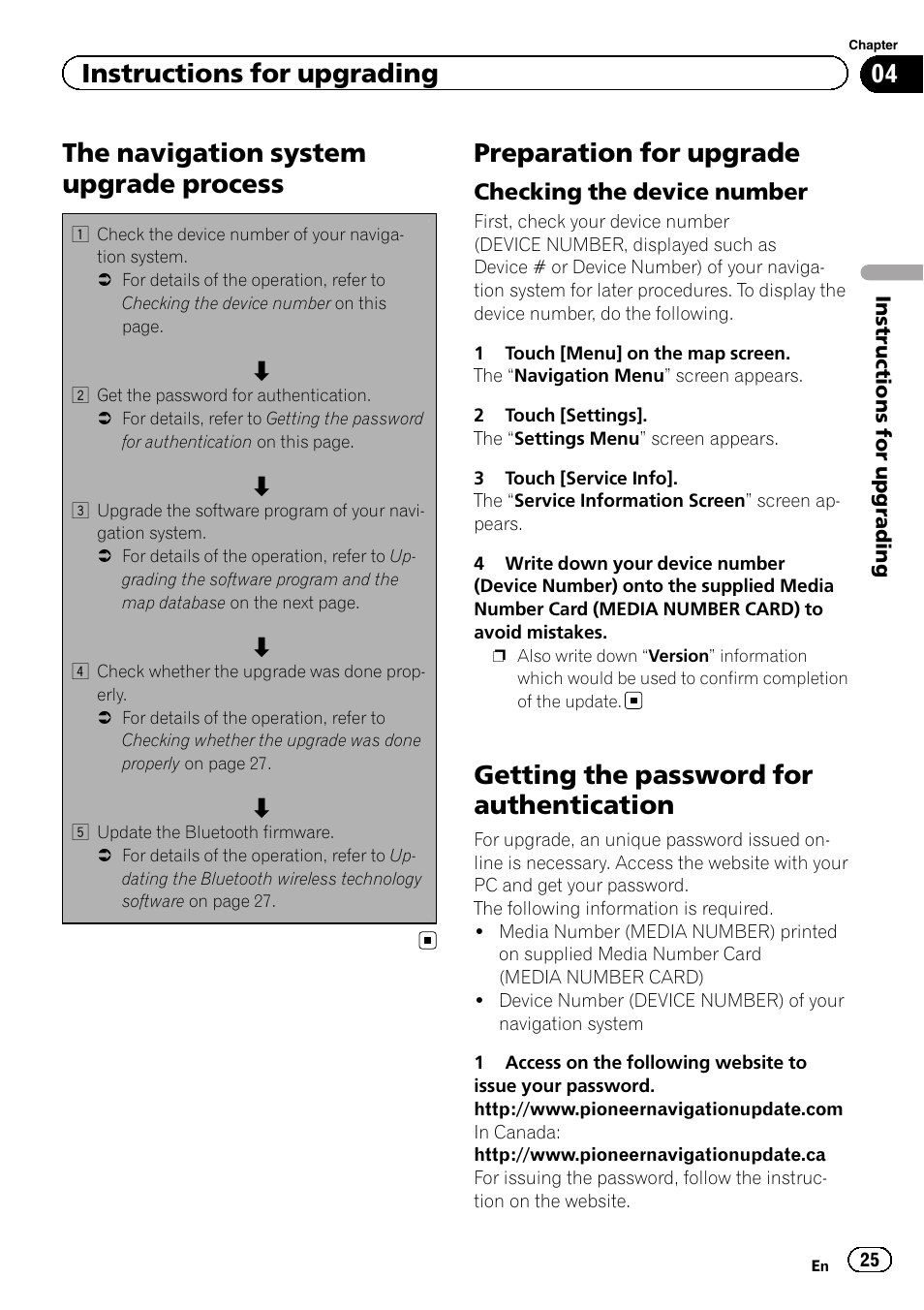 Preparation for upgrade, Checking the device number 25, Getting the password for authentication | The navigation system upgrade process, Instructions for upgrading | Pioneer 2010 NAVIGATION UPGRADE SD-CARD CNSD-130FM User Manual | Page 25 / 144