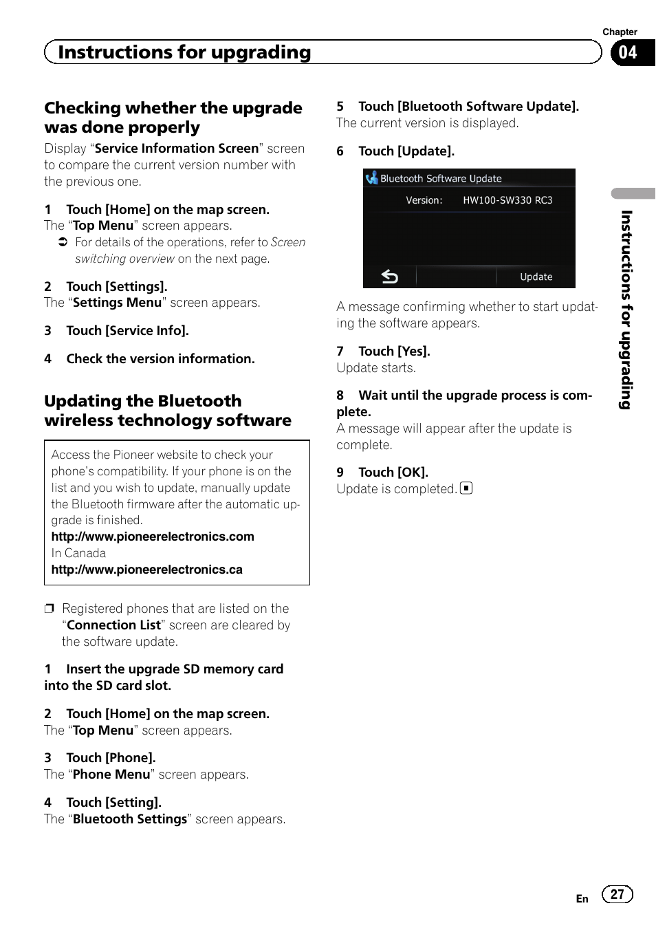 Checking whether the upgrade was, Done properly, Updating the bluetooth wireless | Technology software, Instructions for upgrading, Checking whether the upgrade was done properly | Pioneer 2010 NAVIGATION UPGRADE SD-CARD CNSD-130FM User Manual | Page 27 / 144