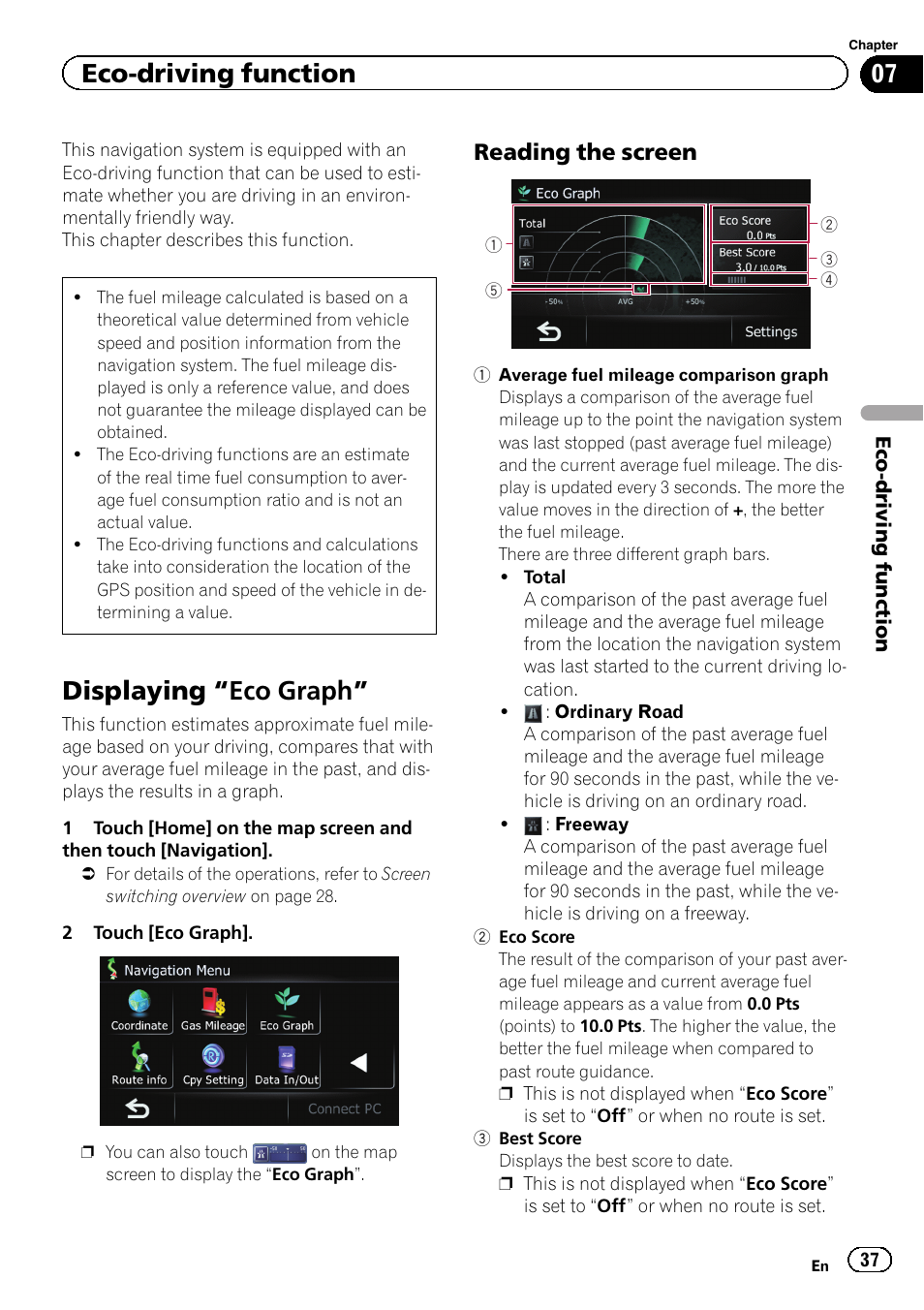 Eco-driving function displaying, Eco graph” 37, Reading the screen 37 | Displaying “eco, Graph, Displaying “eco graph, Eco-driving function, Reading the screen | Pioneer 2010 NAVIGATION UPGRADE SD-CARD CNSD-130FM User Manual | Page 37 / 144