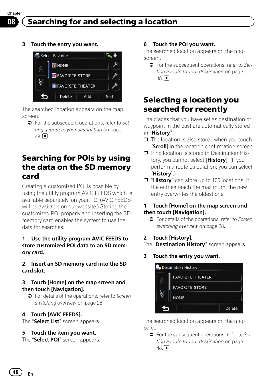 Searching for pois by using the data on the, Sd memory card, Selecting a location you searched for | Recently, Selecting a location you searched for recently, 08 searching for and selecting a location | Pioneer 2010 NAVIGATION UPGRADE SD-CARD CNSD-130FM User Manual | Page 46 / 144