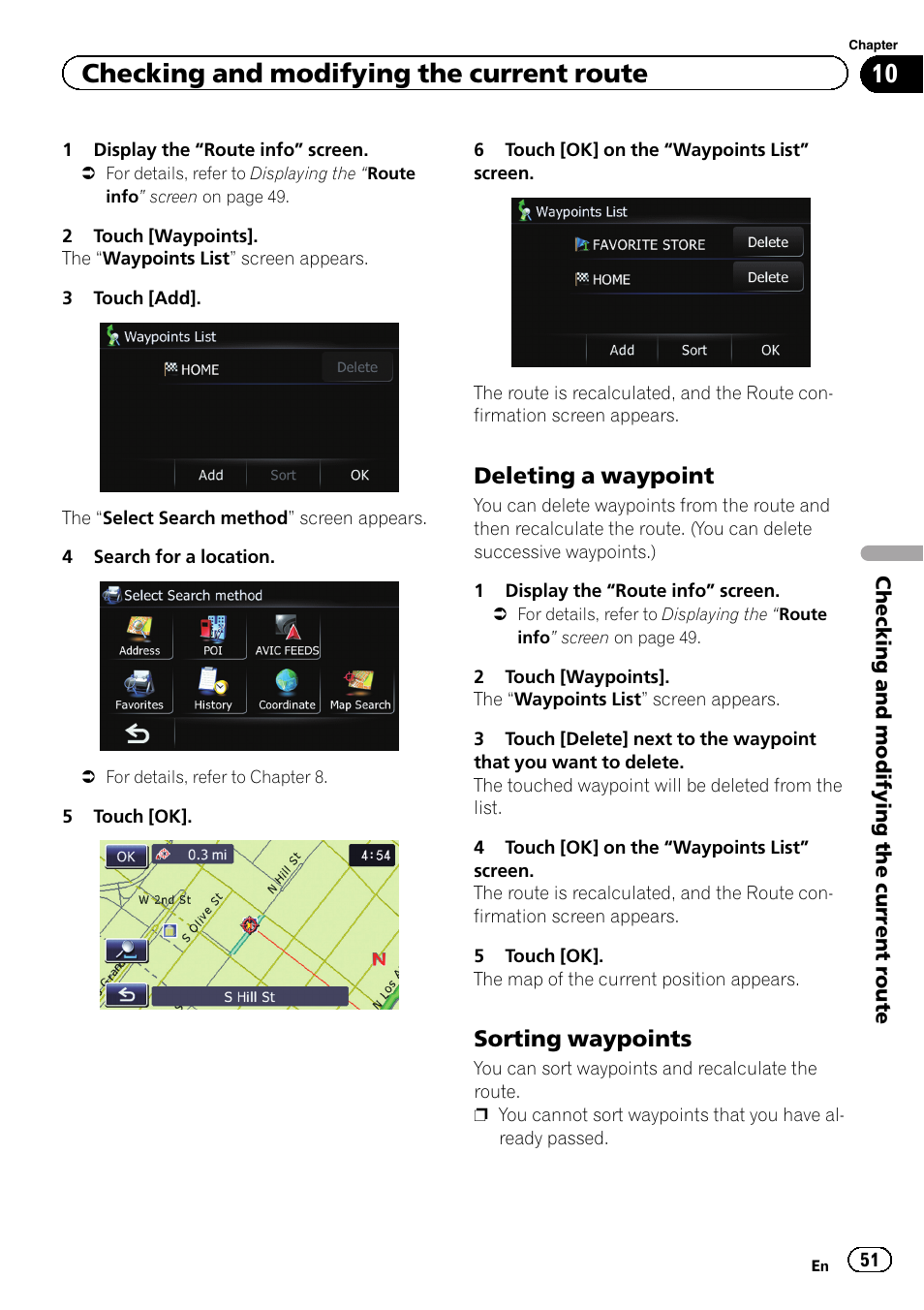 Deleting a waypoint 51, Sorting waypoints 51, Checking and modifying the current route | Deleting a waypoint, Sorting waypoints | Pioneer 2010 NAVIGATION UPGRADE SD-CARD CNSD-130FM User Manual | Page 51 / 144