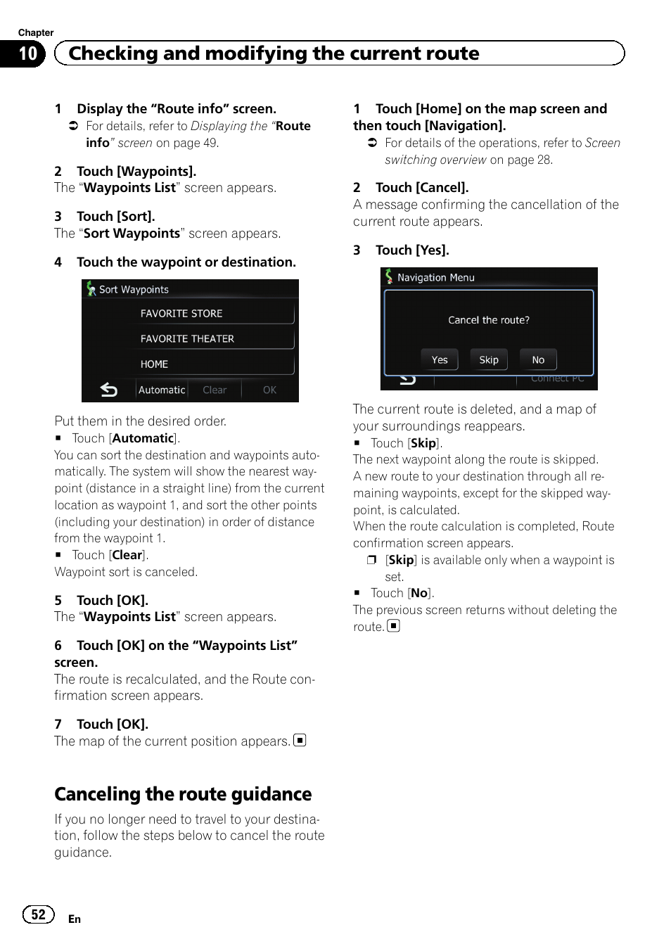 Canceling the route guidance, 10 checking and modifying the current route | Pioneer 2010 NAVIGATION UPGRADE SD-CARD CNSD-130FM User Manual | Page 52 / 144