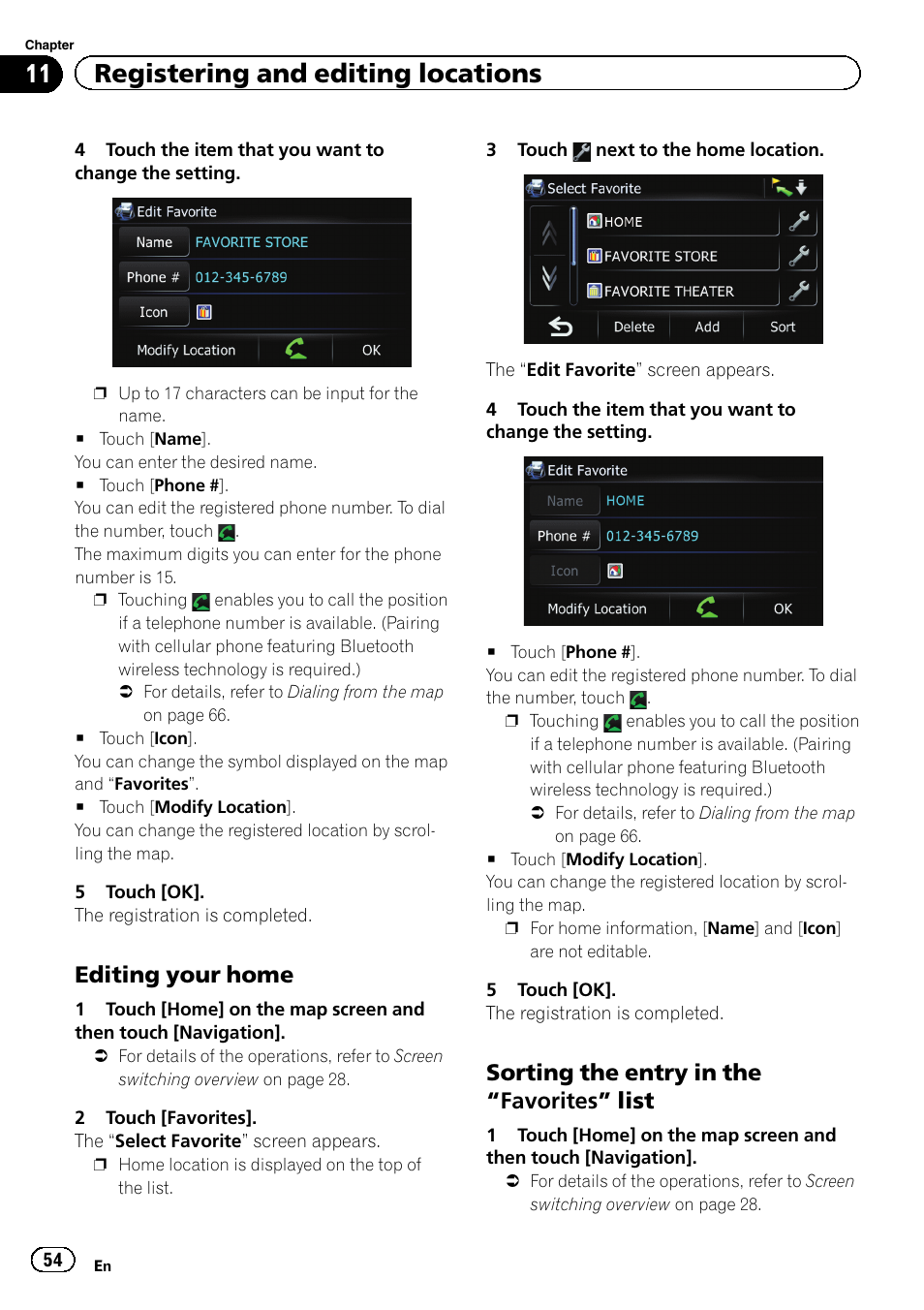 Editing your home 54, Sorting the entry in the “favorites, List | 11 registering and editing locations, Editing your home, Sorting the entry in the “favorites” list | Pioneer 2010 NAVIGATION UPGRADE SD-CARD CNSD-130FM User Manual | Page 54 / 144
