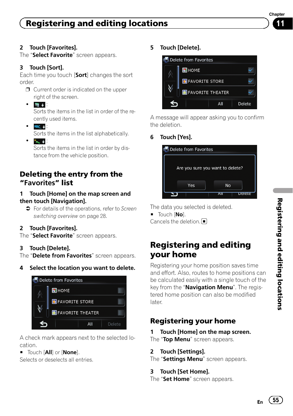 Deleting the entry from the “favorites, List, Registering and editing your home | Registering your home 55, Registering and edit, Registering and editing locations, Deleting the entry from the “favorites” list, Registering your home | Pioneer 2010 NAVIGATION UPGRADE SD-CARD CNSD-130FM User Manual | Page 55 / 144