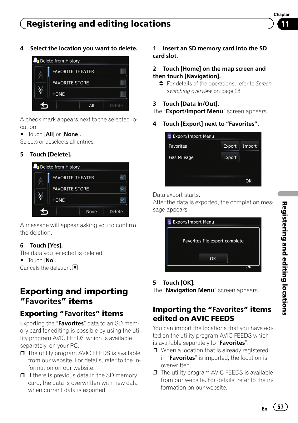 Exporting and importing, Favorites, Items | Exporting “favorites” items 57, Importing the “favorites” items edited, On avic feeds, Exporting and importing “favorites” items, Registering and editing locations | Pioneer 2010 NAVIGATION UPGRADE SD-CARD CNSD-130FM User Manual | Page 57 / 144