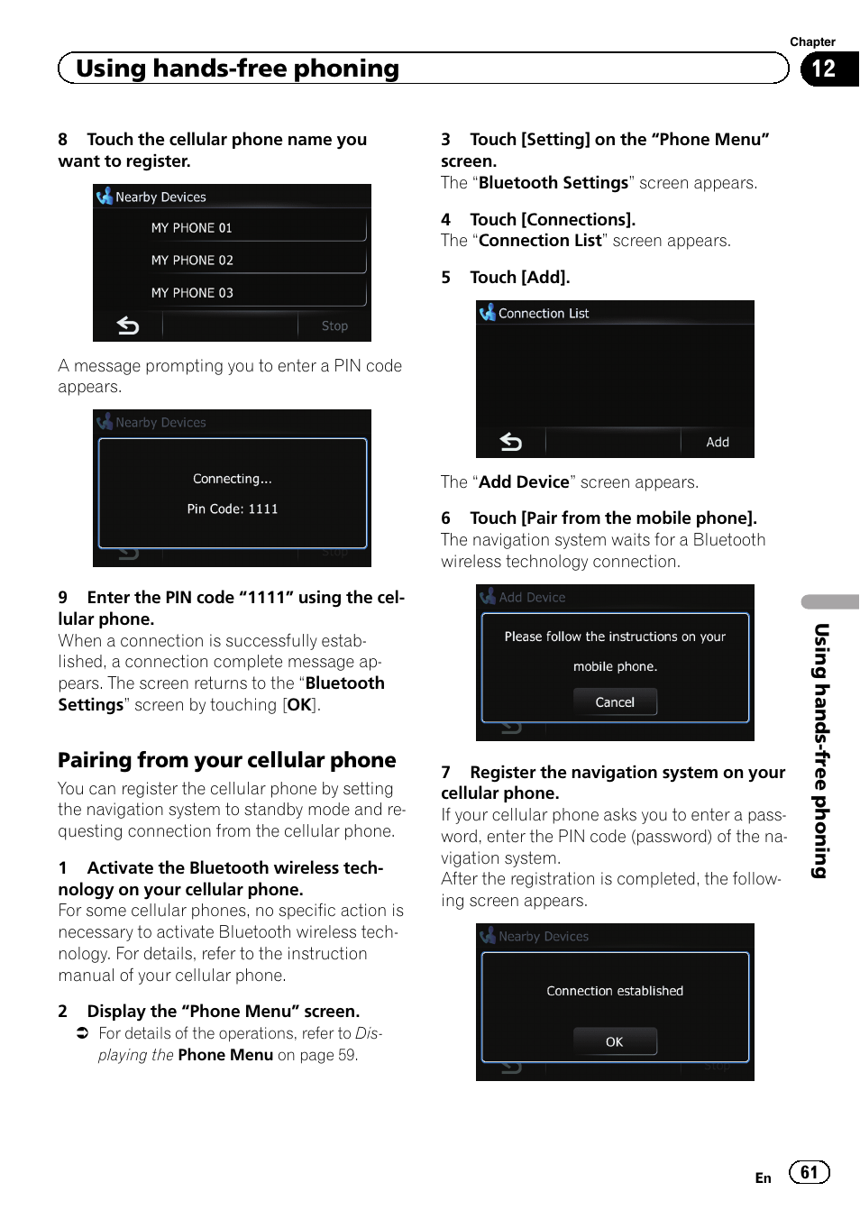 Pairing from your cellular phone 61, Using hands-free phoning, Pairing from your cellular phone | Pioneer 2010 NAVIGATION UPGRADE SD-CARD CNSD-130FM User Manual | Page 61 / 144
