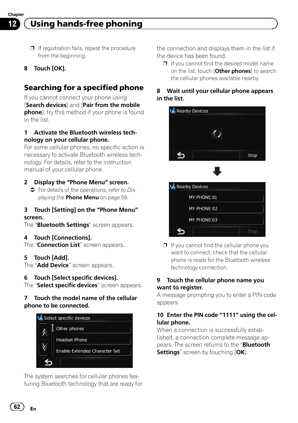 Searching for a specified phone 62, 12 using hands-free phoning, Searching for a specified phone | Pioneer 2010 NAVIGATION UPGRADE SD-CARD CNSD-130FM User Manual | Page 62 / 144