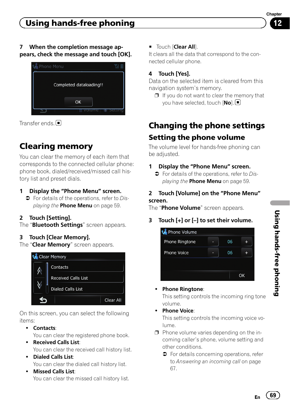 Clearing memory, Changing the phone settings, Setting the phone volume 69 | Setting the phone vo, Using hands-free phoning, Setting the phone volume | Pioneer 2010 NAVIGATION UPGRADE SD-CARD CNSD-130FM User Manual | Page 69 / 144
