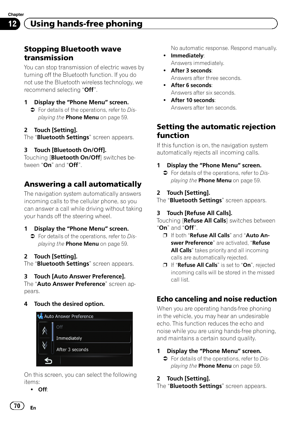 Stopping bluetooth wave, Transmission, Answering a call automatically 70 | Setting the automatic rejection, Function, Echo canceling and noise, Reduction, Answering a call, Setting the automatic re, 12 using hands-free phoning | Pioneer 2010 NAVIGATION UPGRADE SD-CARD CNSD-130FM User Manual | Page 70 / 144