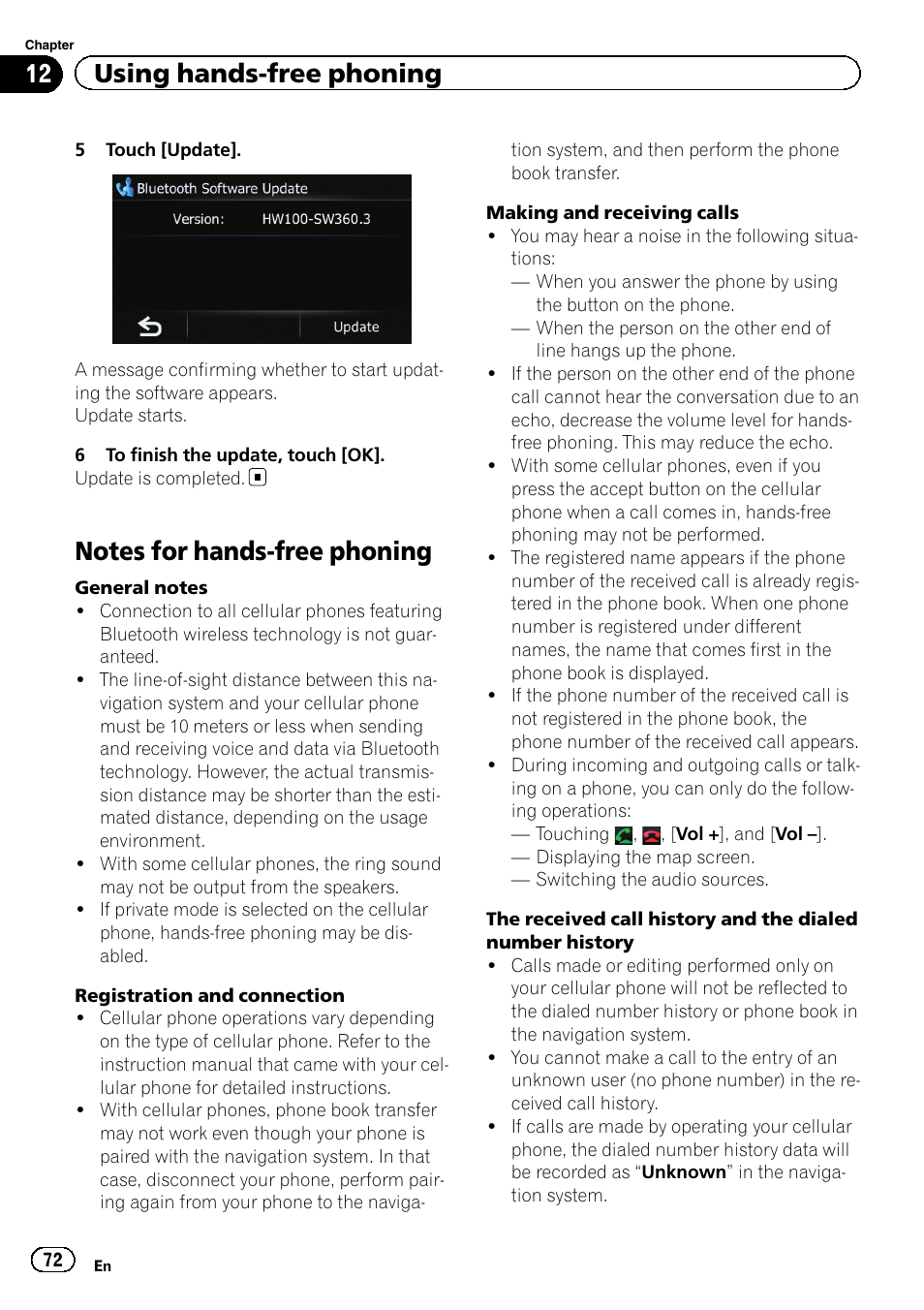 Notes for hands-free phoning, 12 using hands-free phoning | Pioneer 2010 NAVIGATION UPGRADE SD-CARD CNSD-130FM User Manual | Page 72 / 144