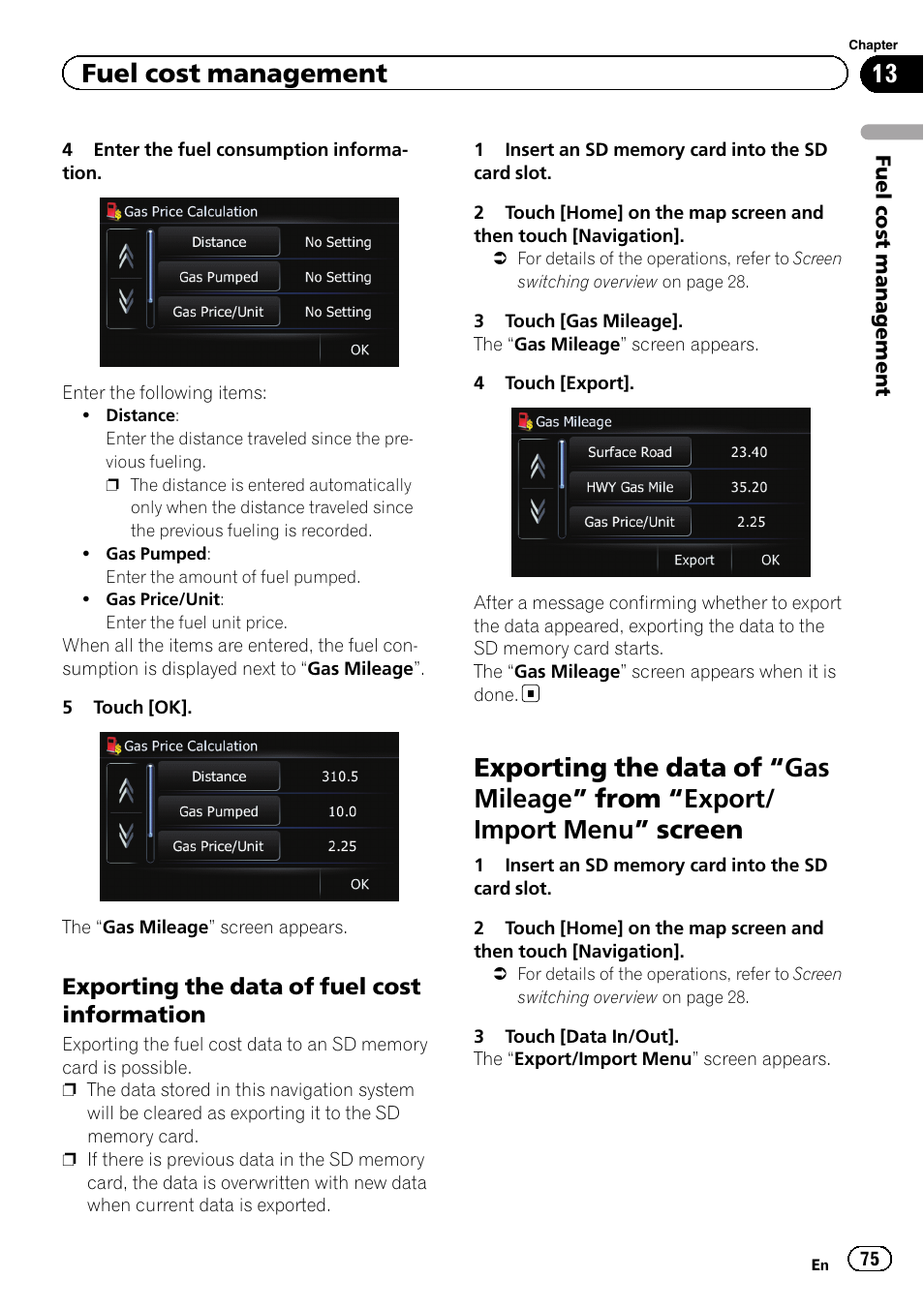 Exporting the data of fuel cost, Information, Exporting the data of | Gas mileage” from, Export/import menu” screen 75, Fuel cost management | Pioneer 2010 NAVIGATION UPGRADE SD-CARD CNSD-130FM User Manual | Page 75 / 144