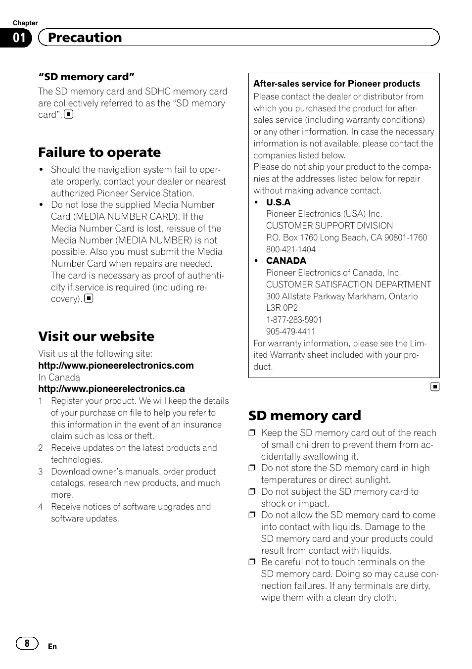Failure to operate, Visit our website, Sd memory card | 01 precaution | Pioneer 2010 NAVIGATION UPGRADE SD-CARD CNSD-130FM User Manual | Page 8 / 144