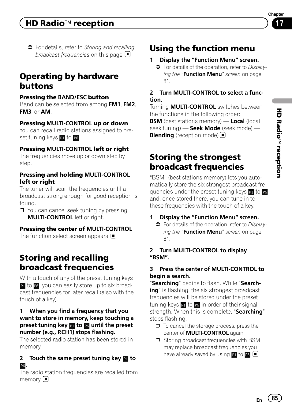 Operating by hardware buttons, Storing and recalling broadcast, Frequencies | Using the function menu, Storing the strongest broadcast, Storing and recalling broadcast frequencies, Storing the strongest broadcast frequencies, Hd radio ä reception | Pioneer 2010 NAVIGATION UPGRADE SD-CARD CNSD-130FM User Manual | Page 85 / 144