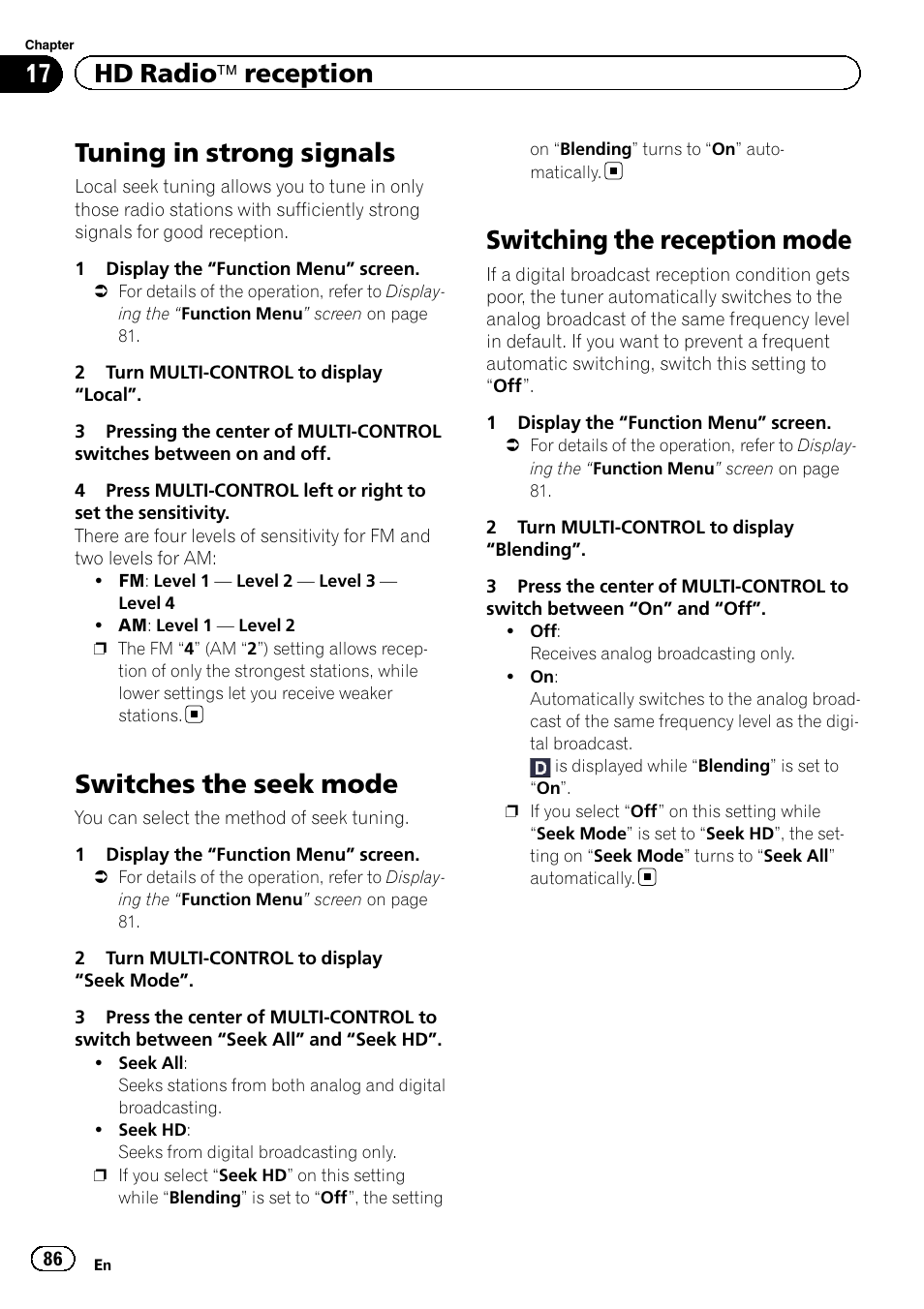 Tuning in strong signals, Switches the seek mode, Switching the reception mode | Switching the recep, Tuning in strong sig, 17 hd radio ä reception | Pioneer 2010 NAVIGATION UPGRADE SD-CARD CNSD-130FM User Manual | Page 86 / 144