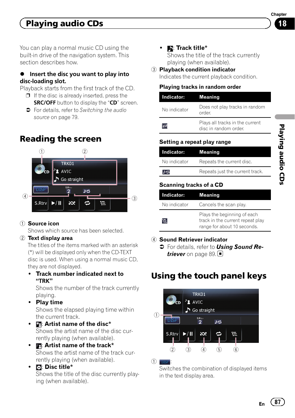 Playing audio cds reading the screen, Using the touch panel keys, Reading the screen | Playing audio cds | Pioneer 2010 NAVIGATION UPGRADE SD-CARD CNSD-130FM User Manual | Page 87 / 144