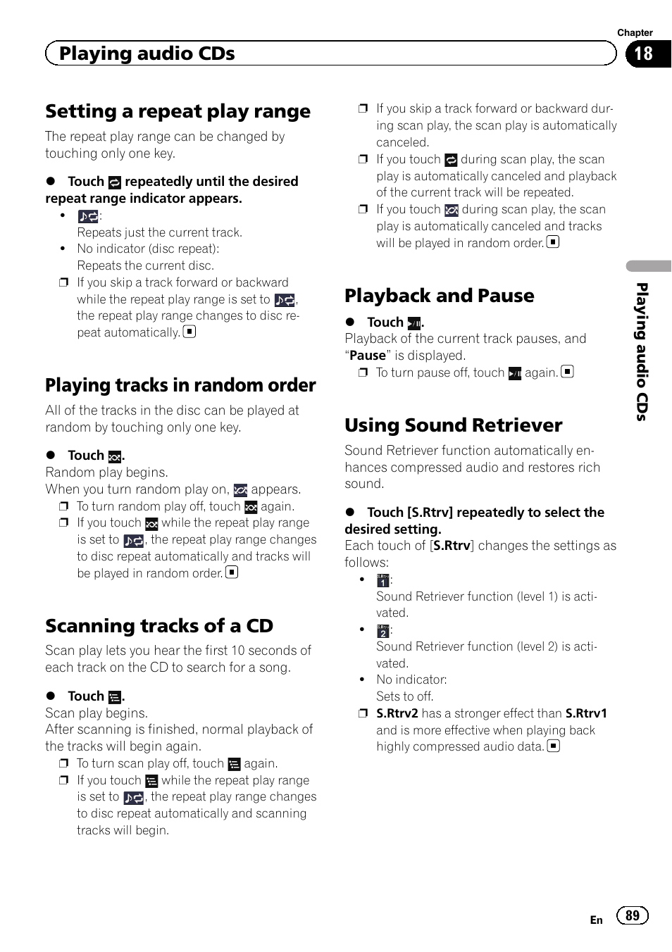 Setting a repeat play range, Playing tracks in random order, Scanning tracks of a cd | Playback and pause, Using sound retriever, Using sound re, Playing tracks in ran, Setting a repeat play, Scanning tracks of a, Playing audio cds | Pioneer 2010 NAVIGATION UPGRADE SD-CARD CNSD-130FM User Manual | Page 89 / 144