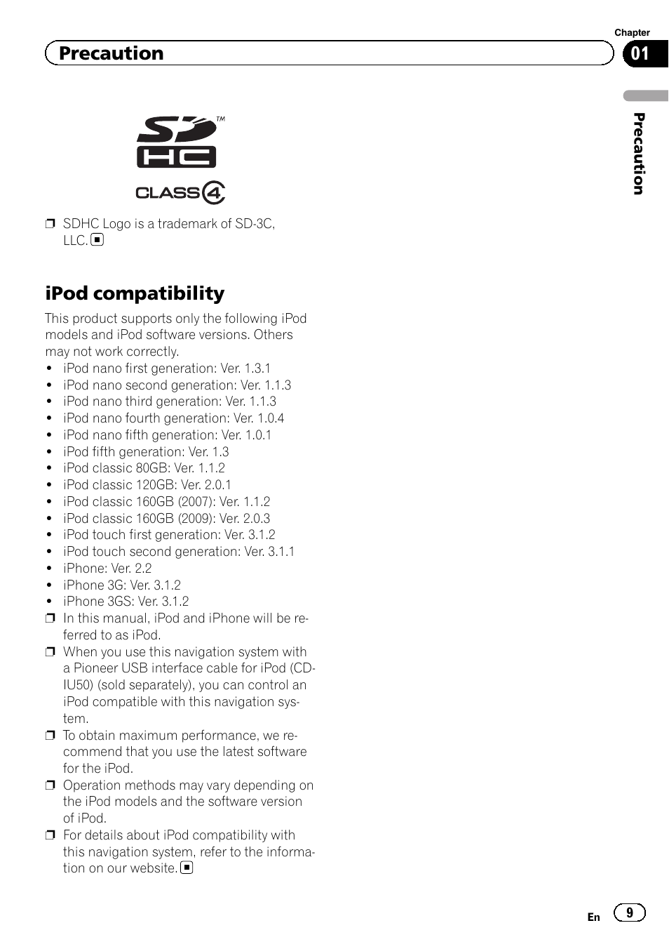 Ipod compatibility, Precaution | Pioneer 2010 NAVIGATION UPGRADE SD-CARD CNSD-130FM User Manual | Page 9 / 144