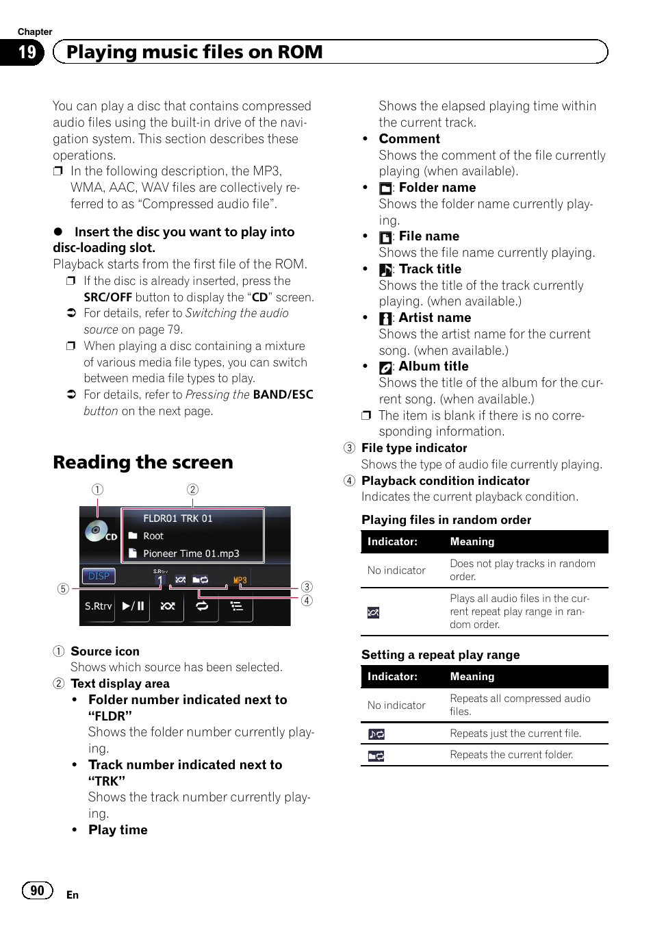 Playing music files on rom reading the screen, Reading the screen, 19 playing music files on rom | Pioneer 2010 NAVIGATION UPGRADE SD-CARD CNSD-130FM User Manual | Page 90 / 144