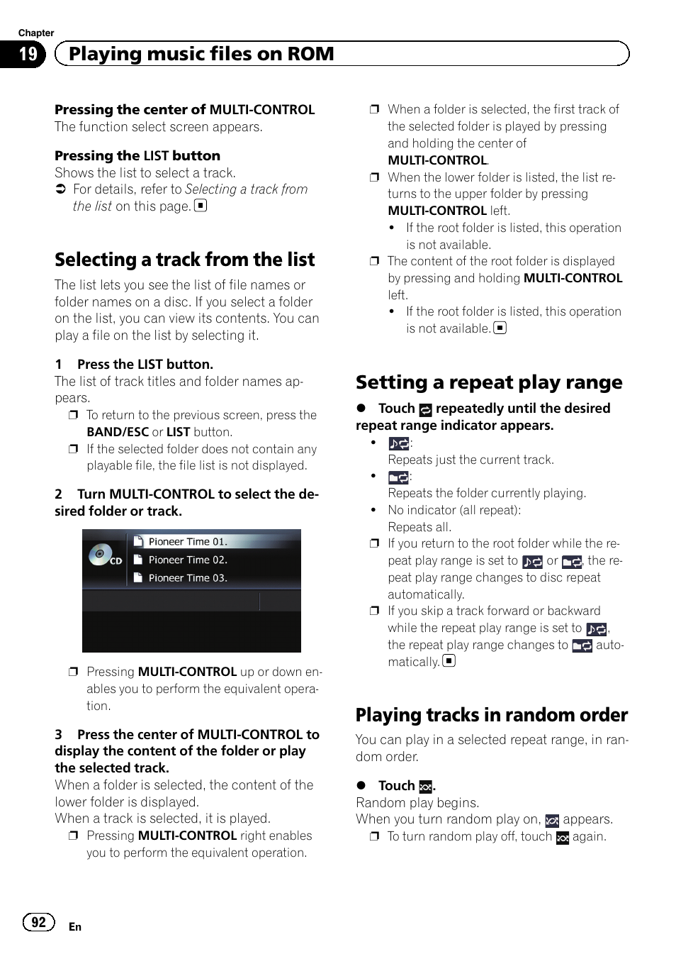 Selecting a track from the list, Setting a repeat play range, Playing tracks in random order | Playing tracks in ran, Setting a repeat play, 19 playing music files on rom | Pioneer 2010 NAVIGATION UPGRADE SD-CARD CNSD-130FM User Manual | Page 92 / 144