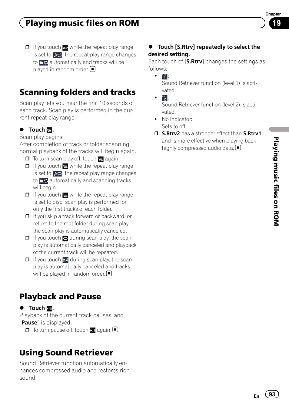 Scanning folders and tracks, Playback and pause, Using sound retriever | Using sound re, Scanning folders and, Playing music files on rom | Pioneer 2010 NAVIGATION UPGRADE SD-CARD CNSD-130FM User Manual | Page 93 / 144