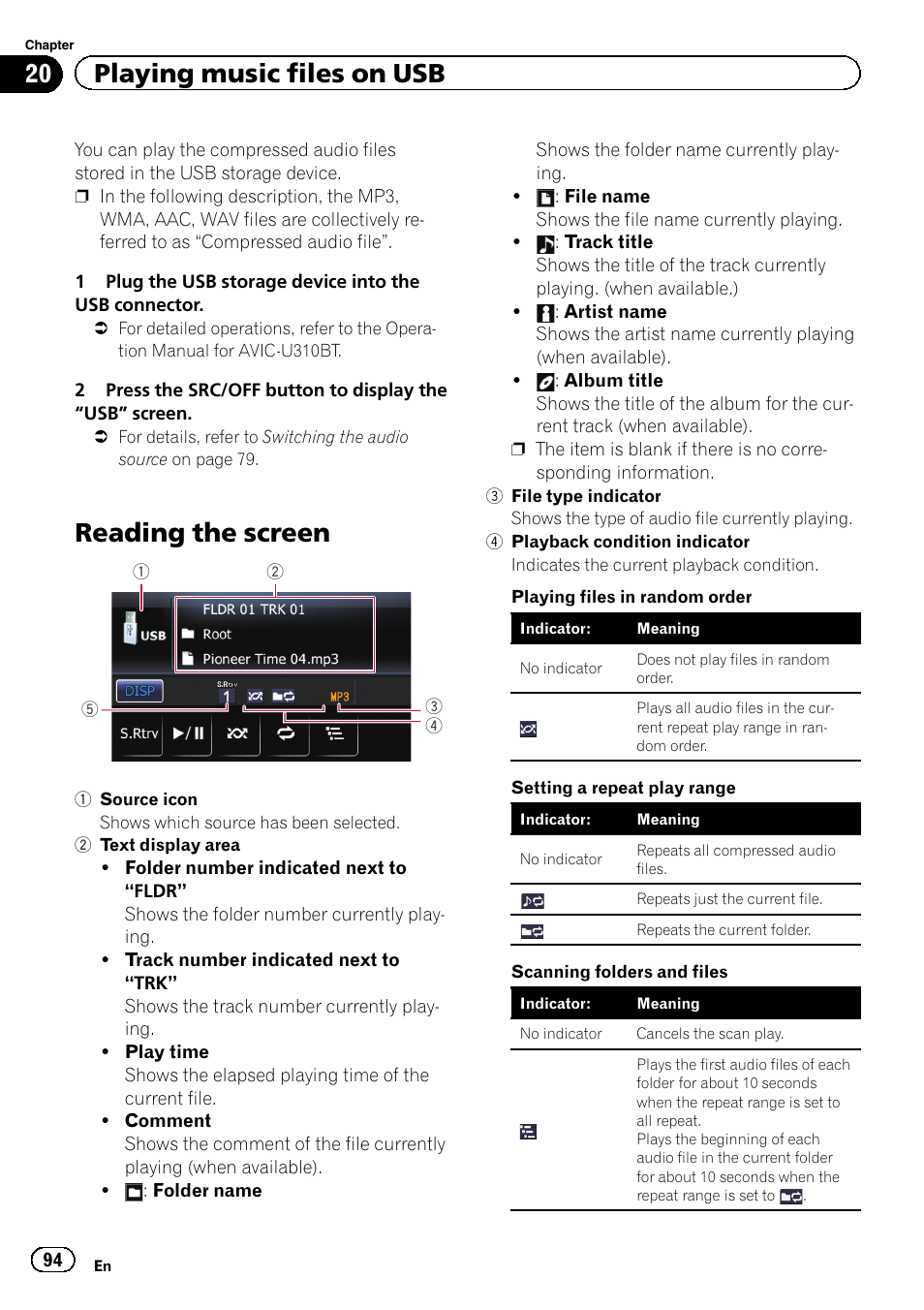 Playing music files on usb reading the screen, Reading the screen, 20 playing music files on usb | Pioneer 2010 NAVIGATION UPGRADE SD-CARD CNSD-130FM User Manual | Page 94 / 144