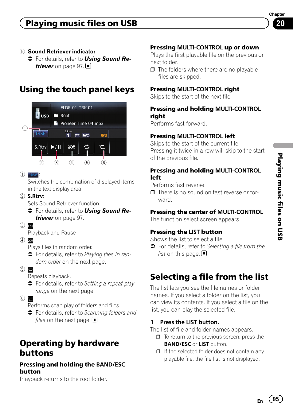 Using the touch panel keys, Operating by hardware buttons, Selecting a file from the list | Playing music files on usb | Pioneer 2010 NAVIGATION UPGRADE SD-CARD CNSD-130FM User Manual | Page 95 / 144