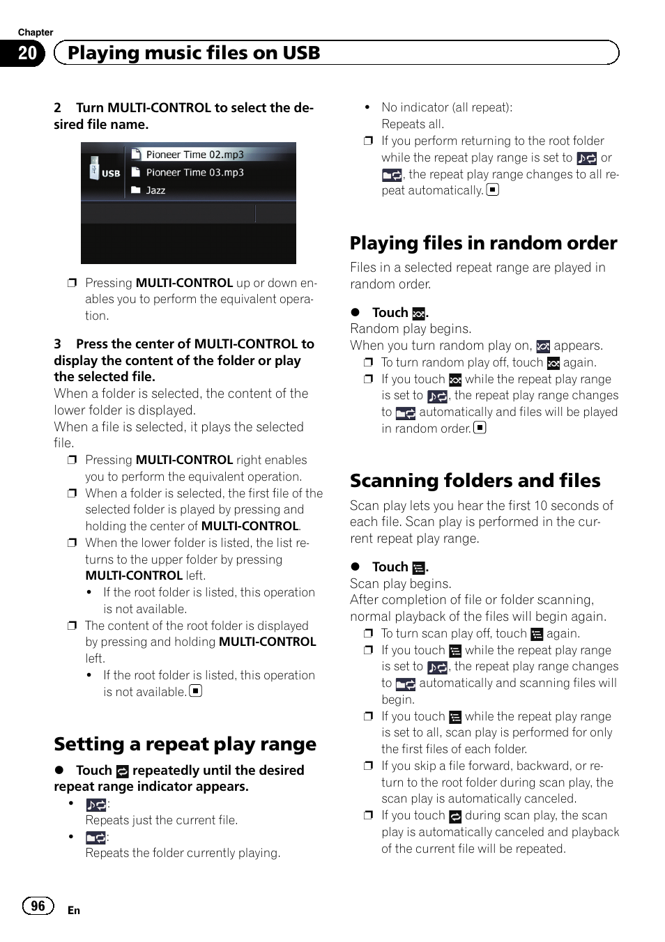 Setting a repeat play range, Playing files in random order, Scanning folders and files | Playing files in ran, Setting a repeat play, Scanning folders and, 20 playing music files on usb | Pioneer 2010 NAVIGATION UPGRADE SD-CARD CNSD-130FM User Manual | Page 96 / 144