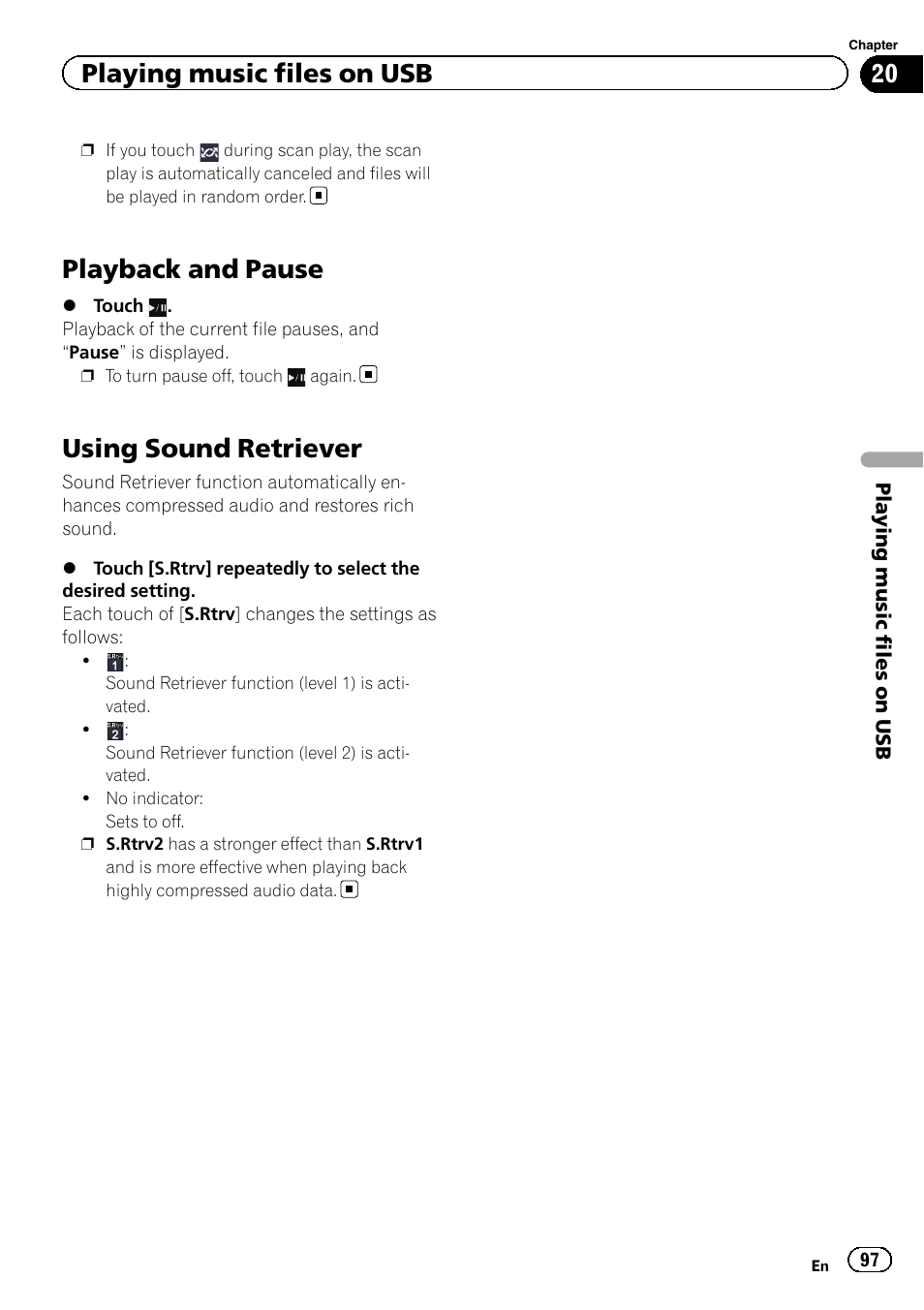 Playback and pause, Using sound retriever, Using sound re | Playing music files on usb | Pioneer 2010 NAVIGATION UPGRADE SD-CARD CNSD-130FM User Manual | Page 97 / 144