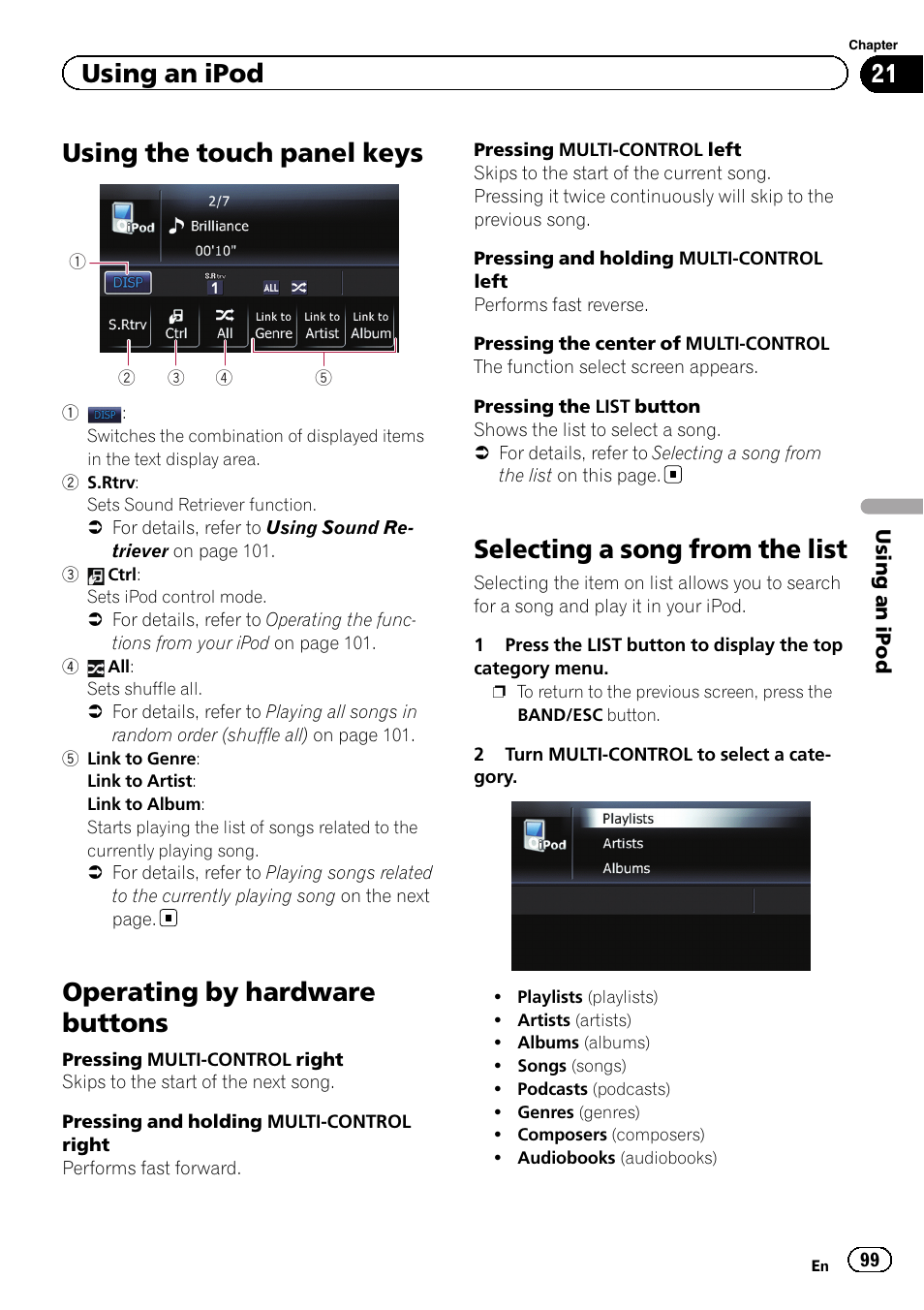 Using the touch panel keys, Operating by hardware buttons, Selecting a song from the list | Using an ipod | Pioneer 2010 NAVIGATION UPGRADE SD-CARD CNSD-130FM User Manual | Page 99 / 144