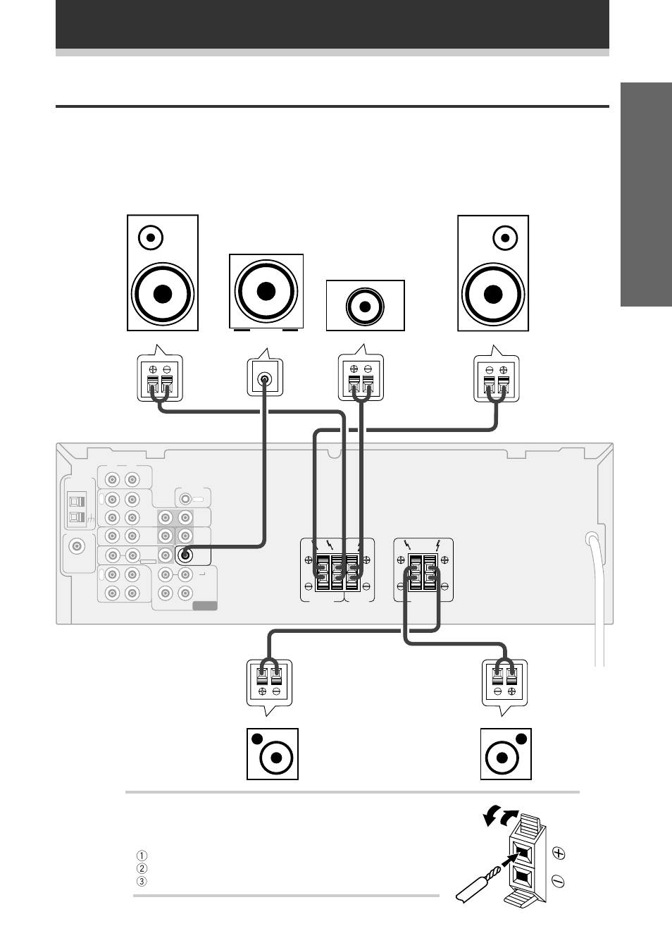 Connecting speakers, Set up operation, Speaker terminals | Connecting your system, 3 snap shut the speaker terminal to secure | Pioneer VSX-409RDS User Manual | Page 11 / 40