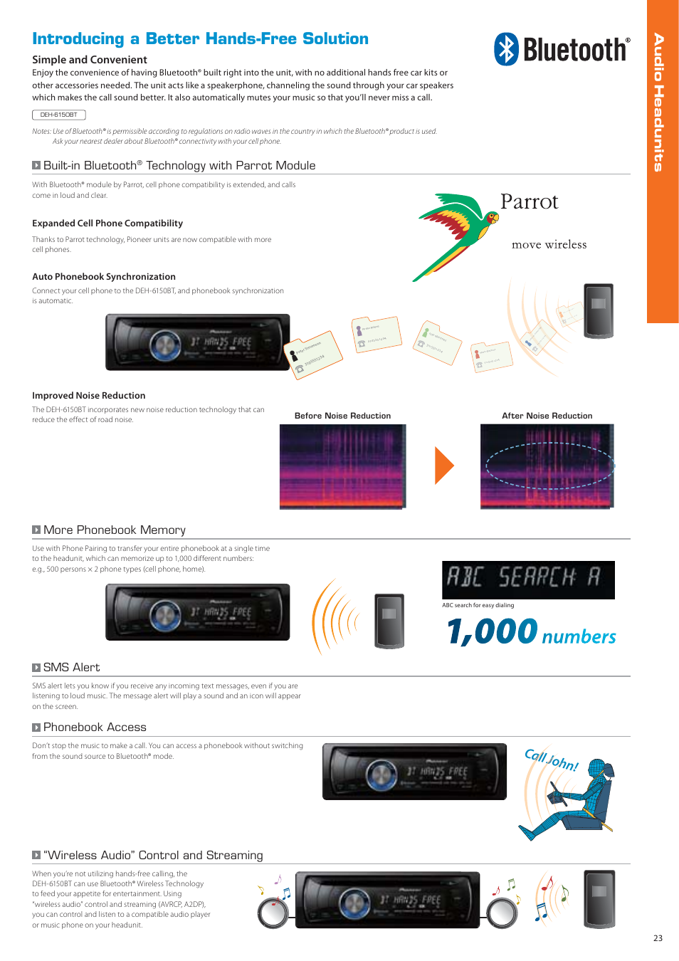 Introducing a better hands-free solution, Call jo hn! l jo all ohhn, Built-in bluetooth | Technology with parrot module, Simple and convenient, Sms alert, Phonebook access, Wireless audio” control and streaming, Expanded cell phone compatibility, Auto phonebook synchronization | Pioneer DEH-P7150UB User Manual | Page 23 / 64