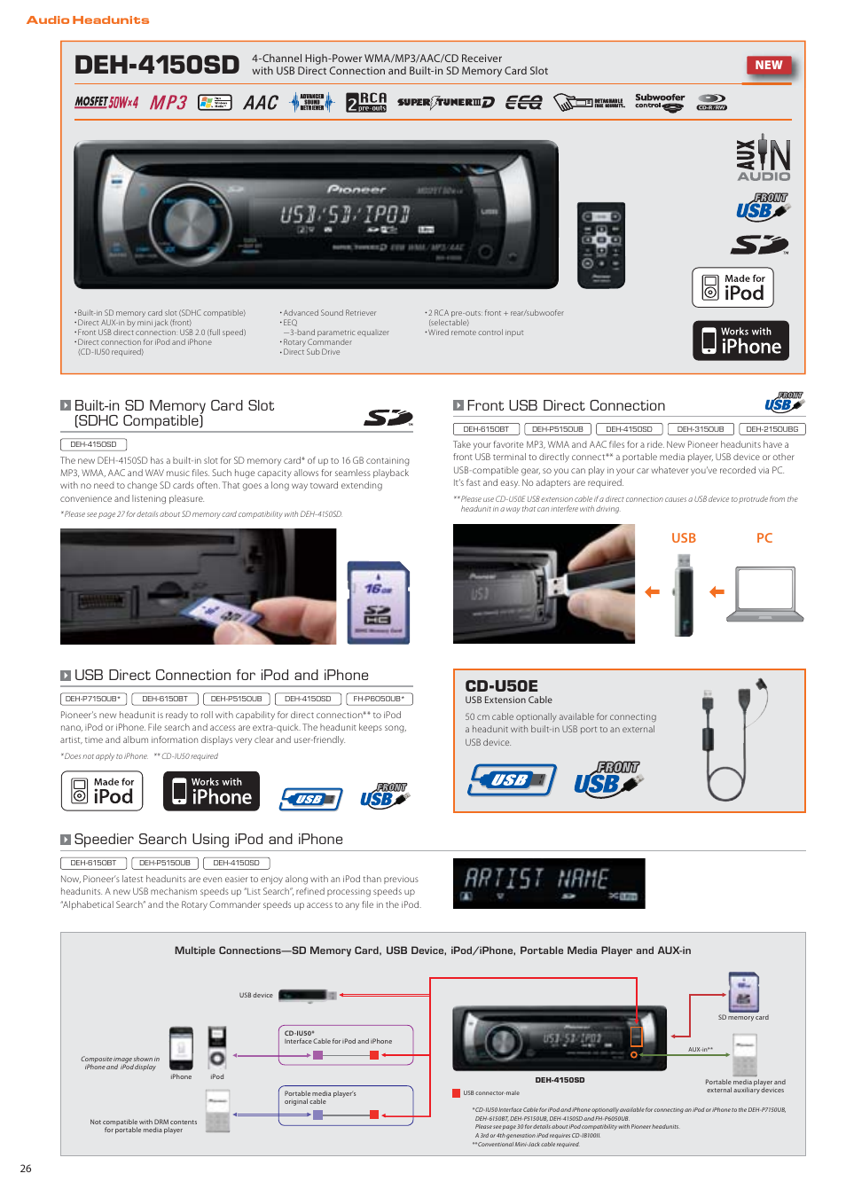 Deh-4150sd, Front usb direct connection, Usb pc usb direct connection for ipod and iphone | Cd-u50e, Speedier search using ipod and iphone | Pioneer DEH-P7150UB User Manual | Page 26 / 64