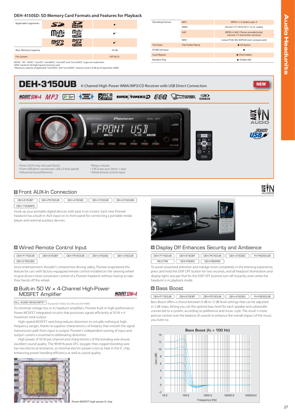 Deh-3150ub, Front aux-in connection, Wired remote control input | Display off enhances security and ambience, Bass boost | Pioneer DEH-P7150UB User Manual | Page 27 / 64