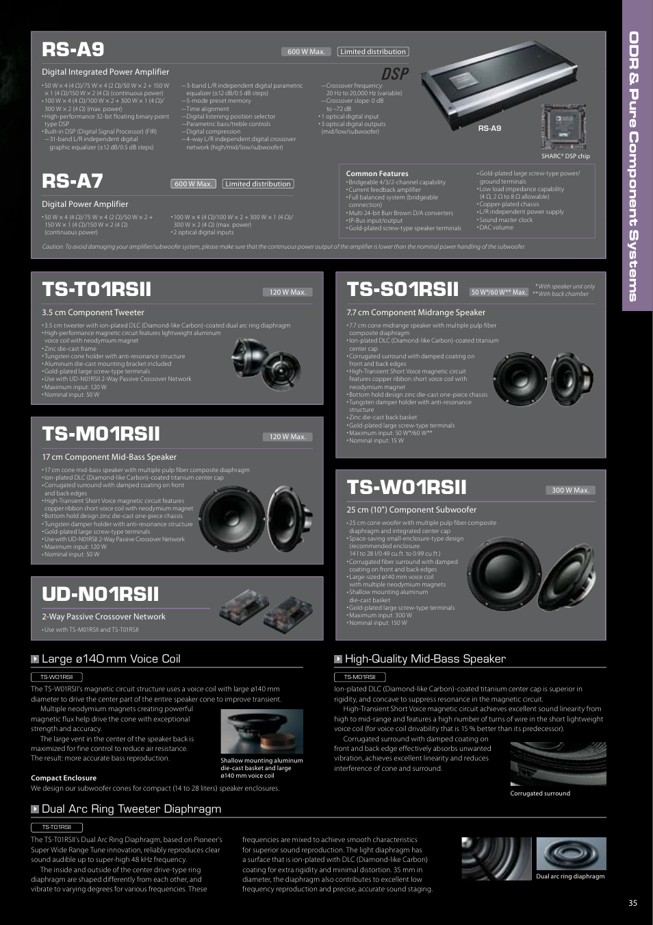 Rs-a9, Rs-a7, Ts-t01rsii | Ts-m01rsii, Ts-s01rsii, Ts-w01rsii, Ud-n01rsii, Large ø140 mm voice coil, High-quality mid-bass speaker, Dual arc ring tweeter diaphragm | Pioneer DEH-P7150UB User Manual | Page 35 / 64