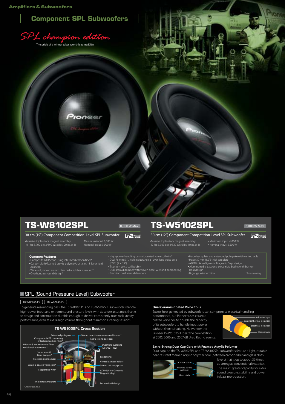 Ts-w8102spl, Ts-w5102spl, Component spl subwoofers | Spl (sound pressure level) subwoofer | Pioneer DEH-P7150UB User Manual | Page 44 / 64