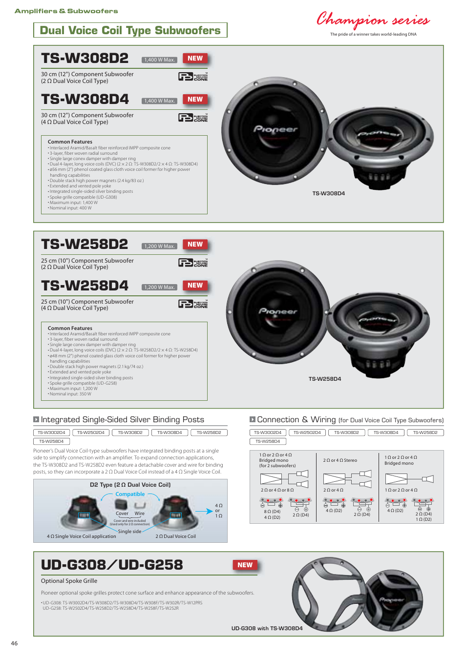 Ts-w308d2, Ts-w308d4, Ts-w258d2 | Ts-w258d4, Dual voice coil type subwoofers, Integrated single-sided silver binding posts, Connection & wiring | Pioneer DEH-P7150UB User Manual | Page 46 / 64