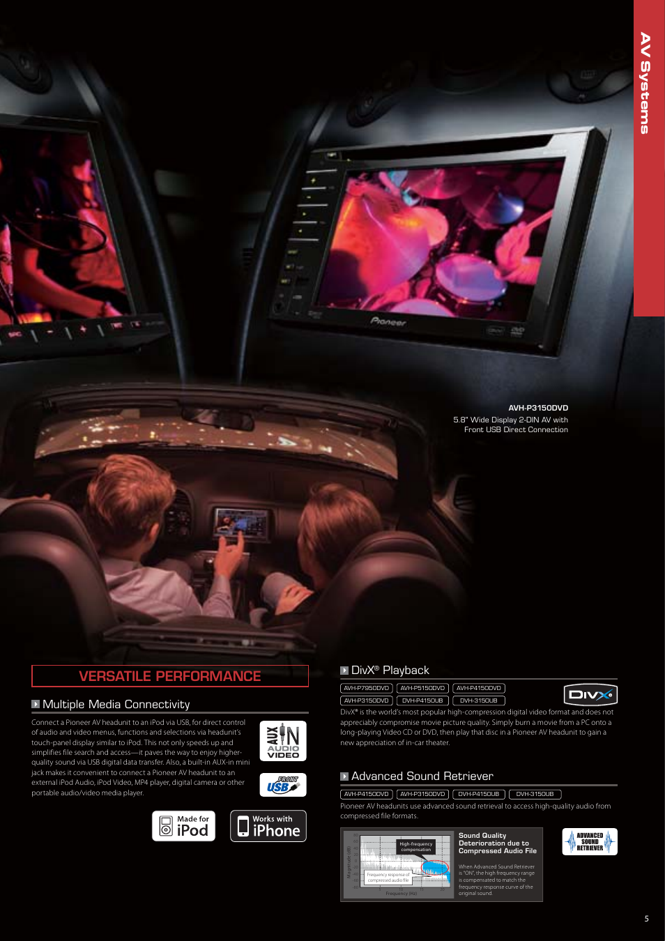 Versatile performance, Multiple media connectivity, Divx | Playback, Advanced sound retriever | Pioneer DEH-P7150UB User Manual | Page 5 / 64