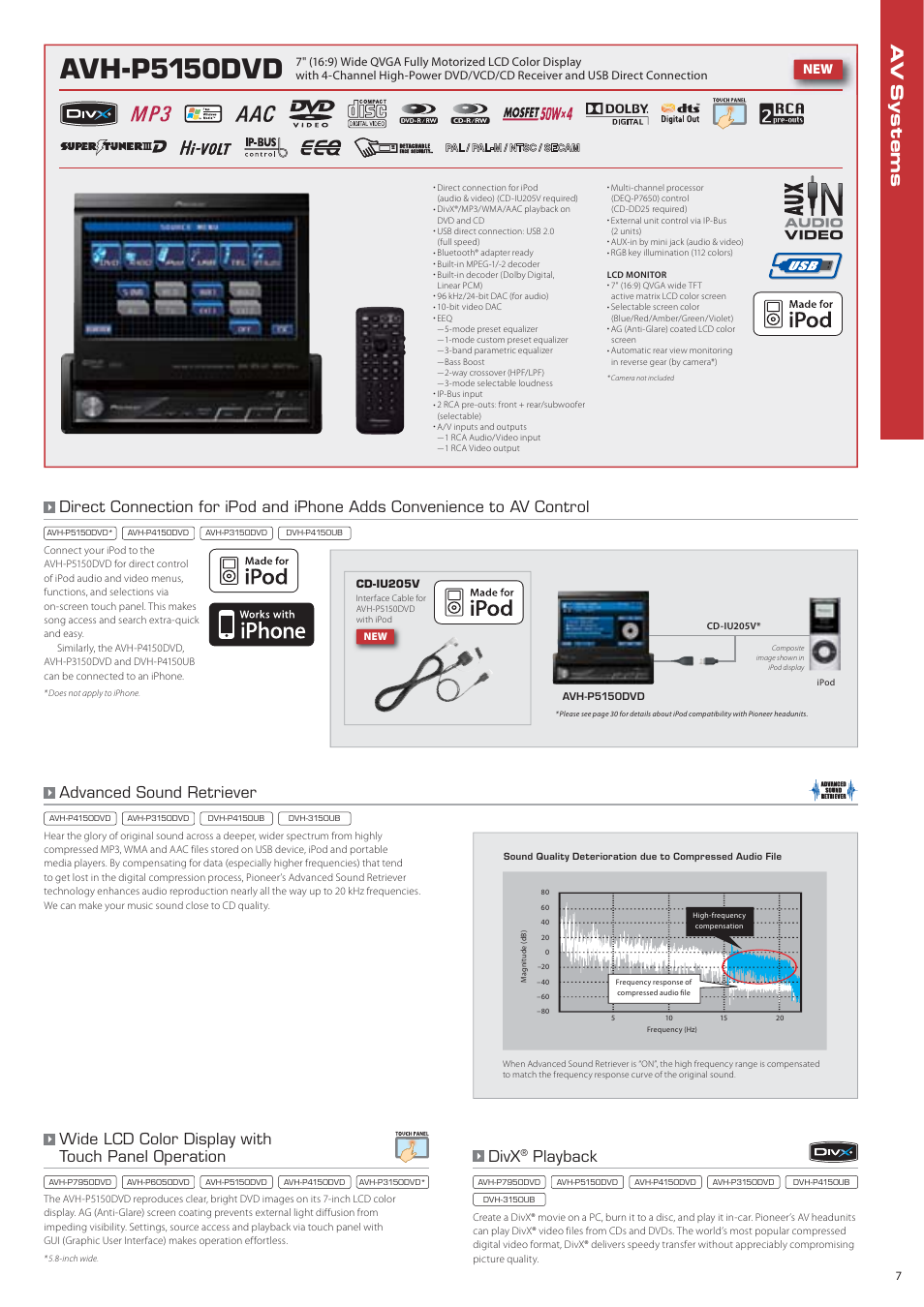 Avh-p5150dvd, Wide lcd color display with touch panel operation, Advanced sound retriever | Divx, Playback | Pioneer DEH-P7150UB User Manual | Page 7 / 64