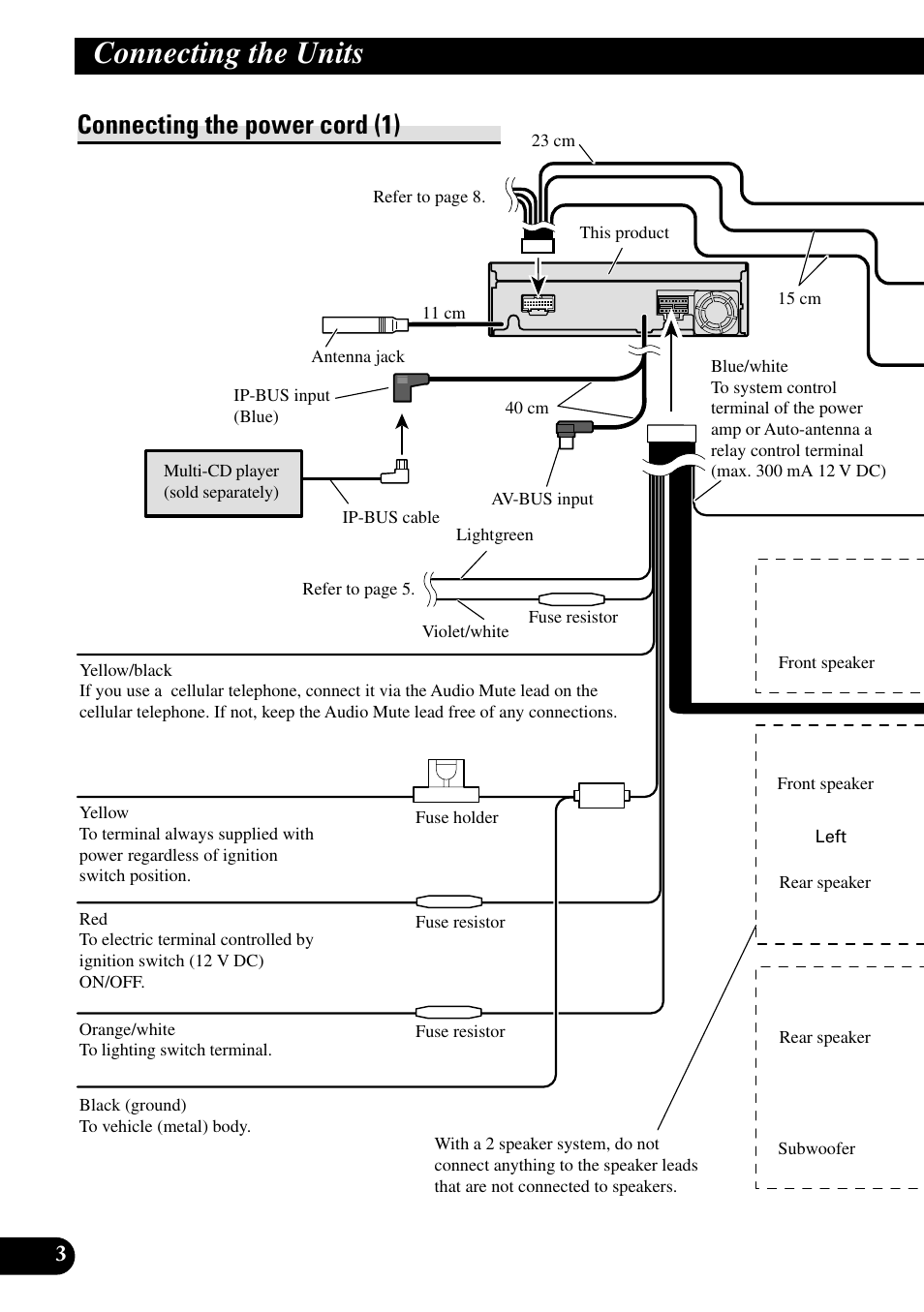 Connecting the power cord (1), Connecting the units | Pioneer AVH-P6450CD User Manual | Page 4 / 14